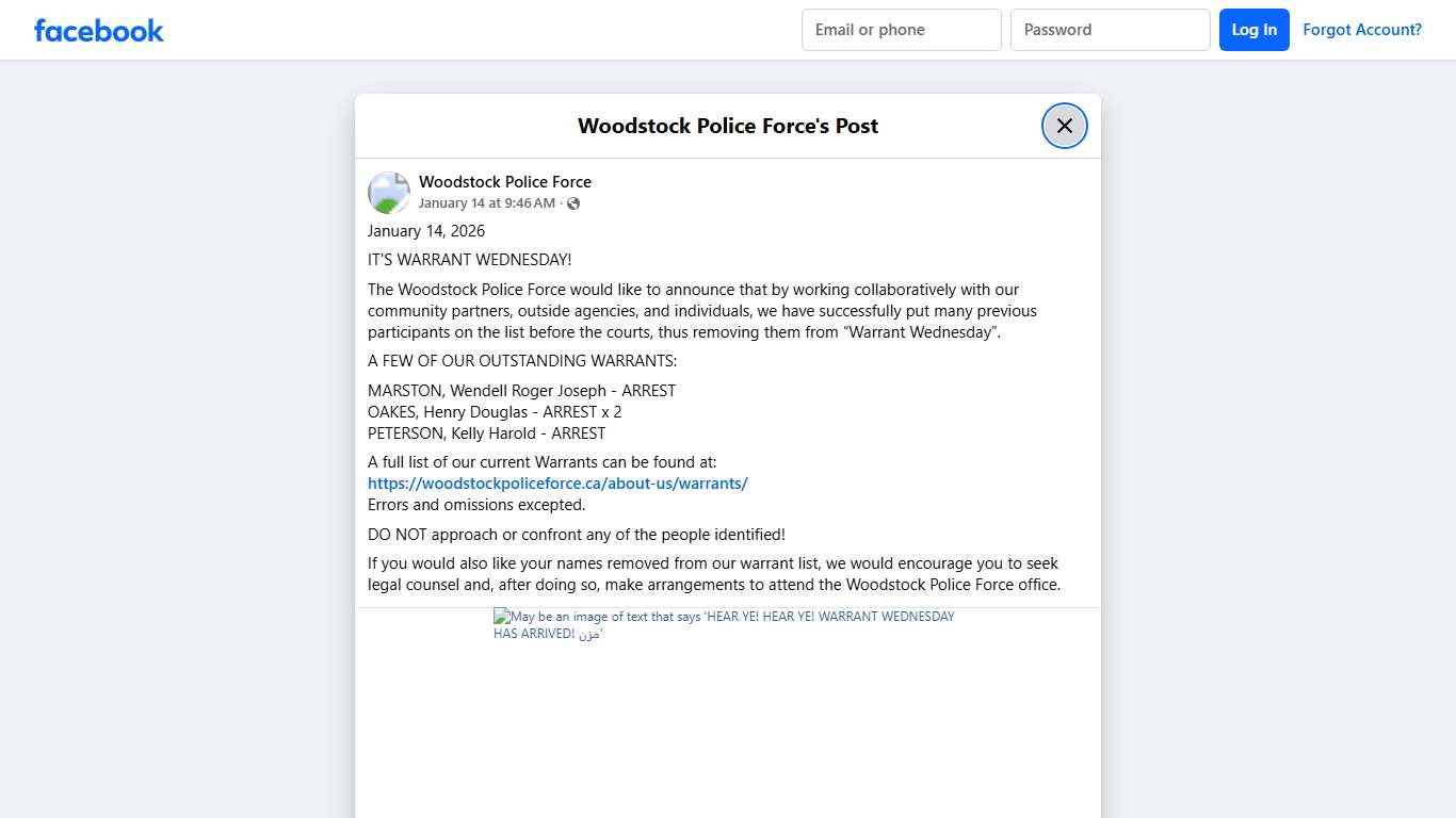 January 14, 2026 IT'S WARRANT... - Woodstock Police Force Facebook